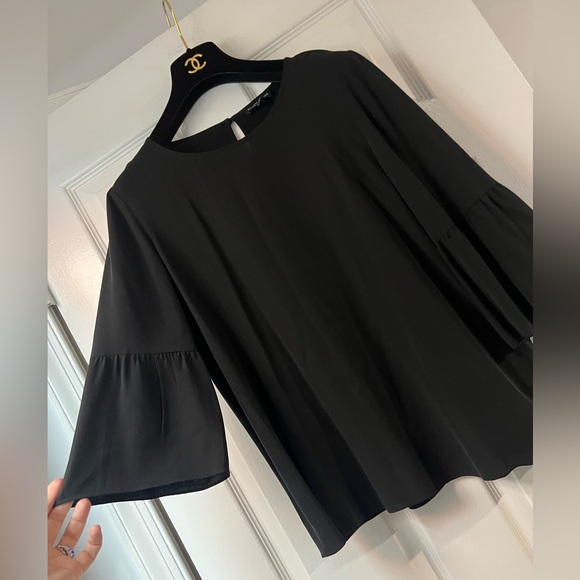 Eileen Fisher Silk Georgette Crepe Bell 3/4 Sleeve Top Blouse Size XS Black EUC - Picture 2 of 7